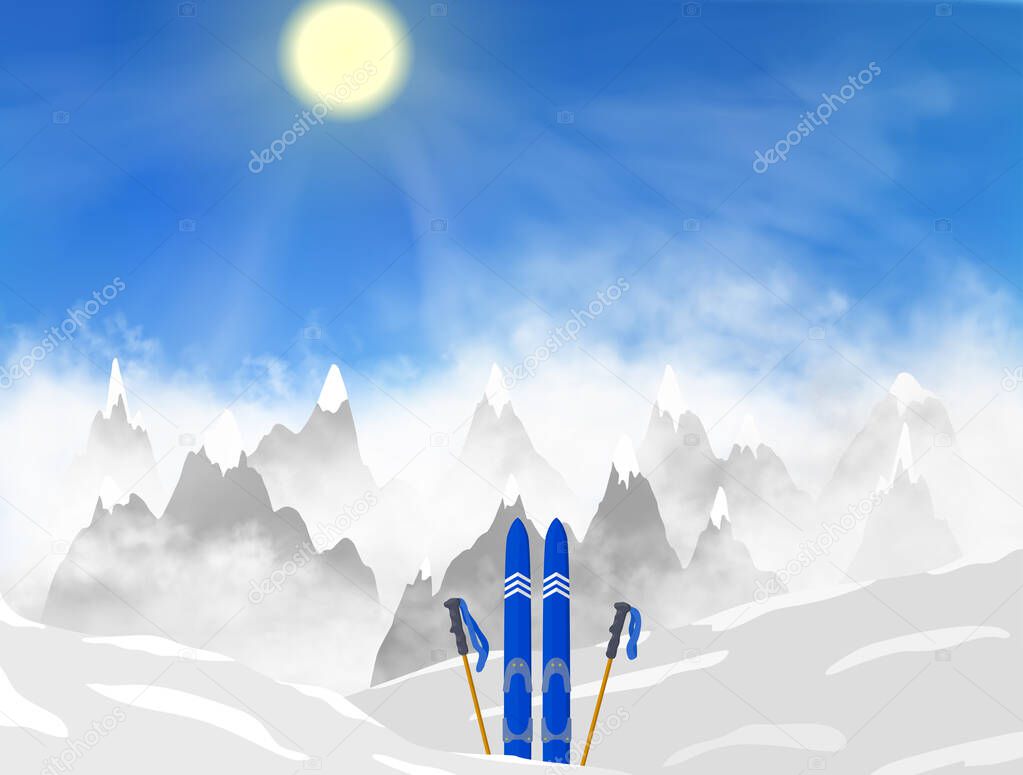 Fair weather at the mountains. Beautiful peaks inside the fog clouds on the morning under the sun shining through the realistic fog clouds. Ski inside the snow piles. Silhouette vector illustration