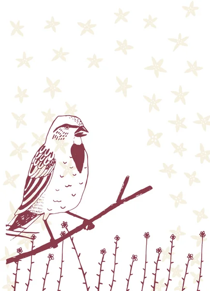 Oiseau sur une branche avec quelques fleurs — Image vectorielle