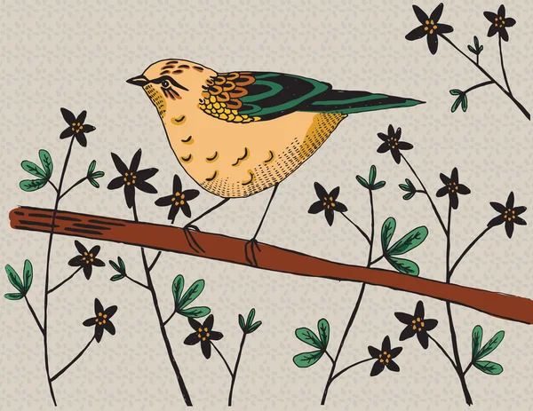 Vektorillustration eines Vogels auf einem Zweig, der von Blumen und Pflanzen umgeben ist — Stockvektor