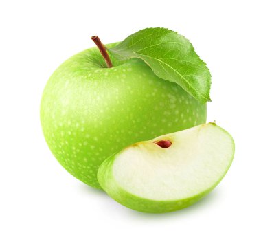 Yapraklı tam yeşil elma meyvesi ve beyaz arka planda izole edilmiş bir parça. Yüksek kalite fotoğraf