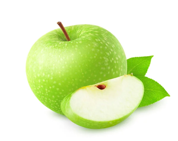 Whole green apple fruit and a piece with leaves isolated on white background. — Stock Fotó