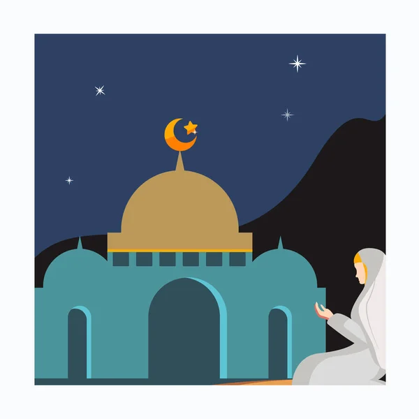 Fille Arabe Priant Milieu Nuit Avec Fond Mosquée Vecteur Plat — Image vectorielle