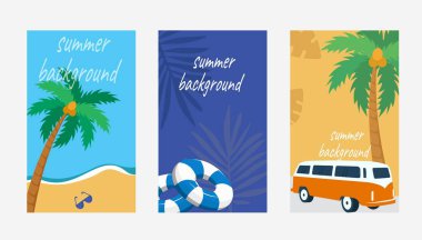 Sosyal medya hikaye tasarım şablonları vektör seti, metin için arkaplan - afişler, tebrik kartları, posterler ve reklamlar için arka plan - yumuşak renklerde yaz tatili konsepti