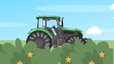 Parlak mavi gökyüzünün altında gür çalıların arasında hareket eden yeşil bir çizgi film traktörü, tarım temaları, çocuk animasyonları ve doğadan esinlenilmiş görseller için mükemmel..