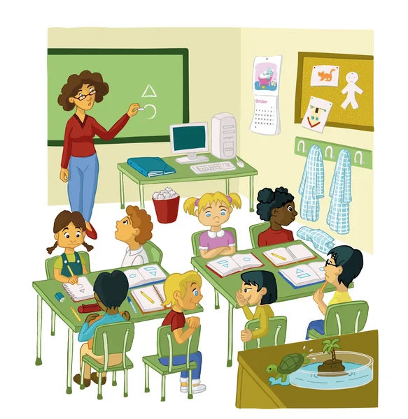 PRIMARY CLASS WITH PUPILS AND TEACHER — Stock Vector