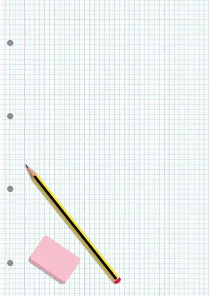 Penna och suddgummi på en notebook inrutade ark — Stock vektor