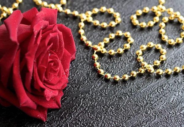A lush red rose with drops of dew on black background with gold beads.