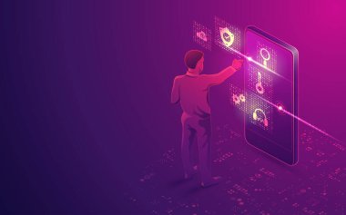 Geliştirilmiş gerçeklik teknolojisi ya da mobil uygulama kavramı, geleceksel arayüz kullanan bir adamın grafiği