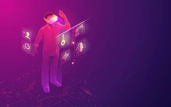 VR teknolojisi kavramı, dijital hologram arayüzlü sanal gerçeklik kulaklığı