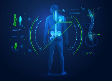Kayropraktik teknolojisi ya da omurga tedavisi konsepti, x-ray arayüzlü insan omurgası grafiği