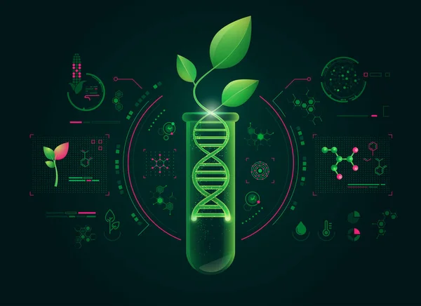 Yeşil biyoteknoloji ya da sentetik biyoloji kavramı, bitki grafiği ve DNA şekli.