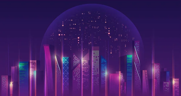 Графіка Футуристичного Міста Космічним Простором Фіолетовою Планетою Фон — стоковий вектор