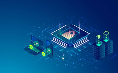 Siber güvenlik ya da veri merkezi konsepti, gelecekteki teknoloji sistemine sahip mikroçip grafiği