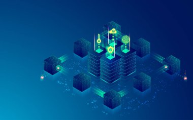 Blok zinciri teknolojisi ya da veri merkezi konsepti, gelecekteki küp ile çevrili bilgisayar sunucusunun grafiği