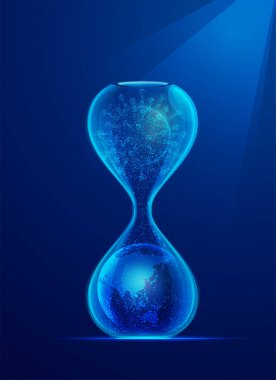 Covid-19 dünya yayılımı konsepti, içinde virüs ve toprak olan kum saati grafiği