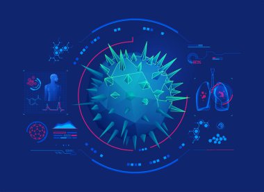 Virüs taraması konsepti veya covid-19 analizi, tıbbi teknoloji arayüzü ile düşük poli virüsü grafiği