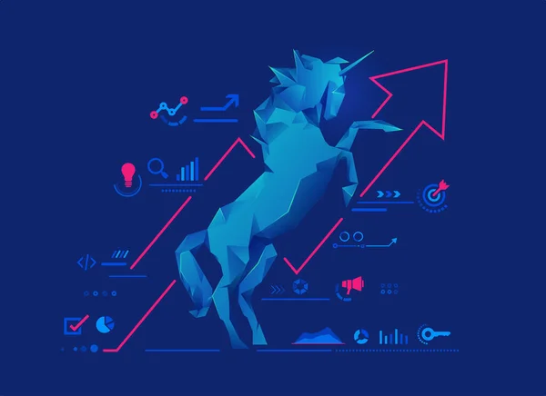 Unicorn girişimi ya da başarılı iş konsepti, düşük poli tek boynuzlu atın başlangıç iş unsurları grafiği
