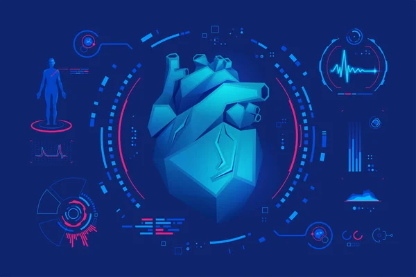 心脏科或医疗技术的概念 具有未来主义接口的低多心图形 — 图库矢量图片