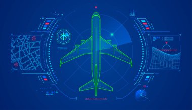 Hava trafiği kontral veya radar teknolojisi kavramı, fütüristik havacılık arayüzü olan uçağın grafiği