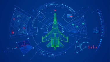 Askeri teknoloji konsepti, fütüristik arayüzü olan hava savaşçılarının grafiği