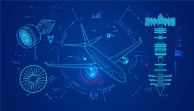 Uzay mühendisliği konsepti, jet motoru ve mekanik arayüzü olan çizgili uçak grafiği