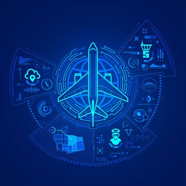 Havacılık teknolojisi ya da uzay mühendisliği konsepti, kontrol kulesi arayüzü olan uçak grafiği