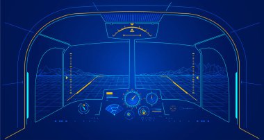 Uzay teknolojisi ya da simülatör konsepti, kokpitin içi fütüristik arayüzle sunulmuş grafik