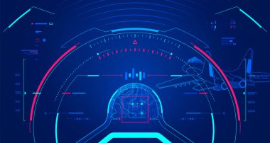 Siber savaş ya da hava savaş uçağı konsepti, askeri arayüzlü uçak kokpitinin grafiği