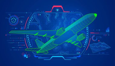 Hedefi hedeflemek için fütüristik askeri radara sahip topografik harita, ordu teknolojisi elementi ile arazi dokusu grafiği