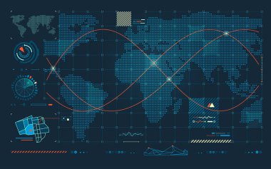 Savaş teknolojisi ya da askeri teknoloji, radar arayüzlü noktalı dünya haritasının grafiği