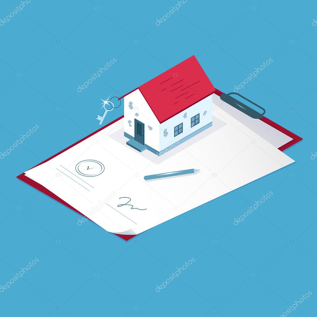 A house with a red roof with a key, signing a paper contract, a deal. Vector graphics.