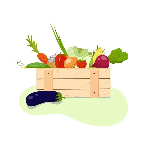 Ekologiska grönsaker från gården insamlade i trälådan. — Stock vektor