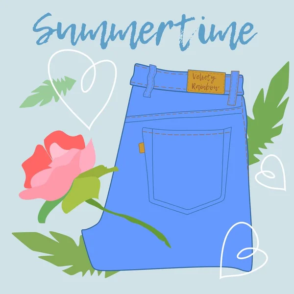 Jeans Und Turnschuhe Sommerstimmung Und Pfingstrose Herzen Und Inschriften — Stockvektor