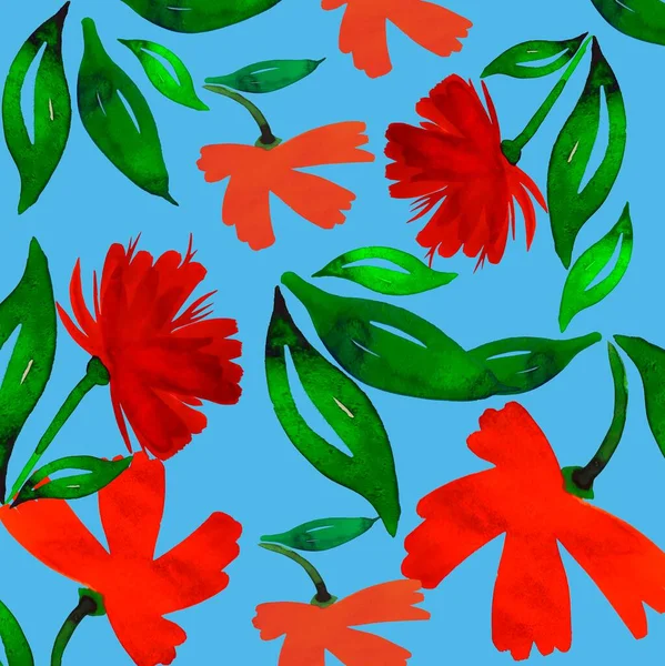 Watercolor Flowers Leaves Flowers Red Red Orange Color Leaves Green — Stock vektor