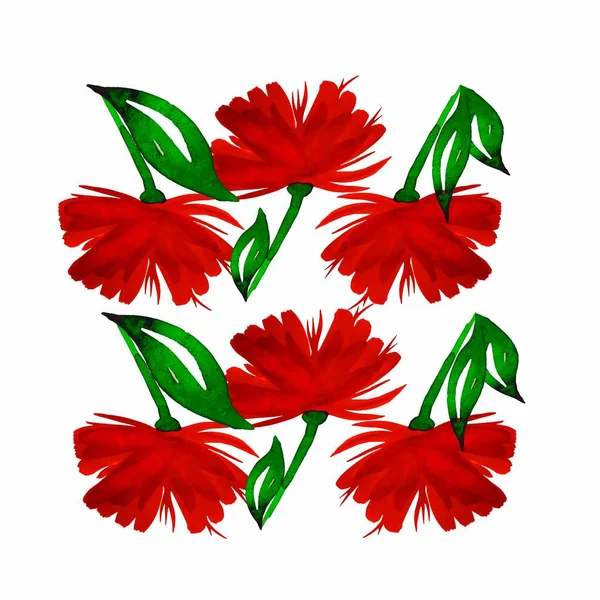 Watercolor Flowers Leaves Flowers Red Red Orange Color Leaves Green — Stockvector