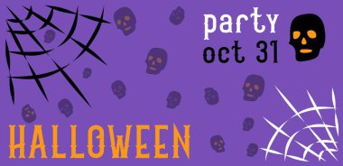 Mutlu Cadılar Bayramı afişleri. Bir iskelet, örümcek ve örümcek ağının metin ve çizimleri.