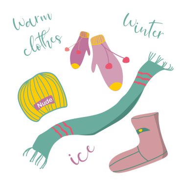 Sıcak aksesuarlar. Kalın giysiler. Atkı, şapka, eldivenler, eldivenler. Kış kıyafeti. Çirkin botlar. Boynunda bir mendil var. Çıplak gölgeler. Soğuk hava, sıcak kıyafetler. Kar ve buz.