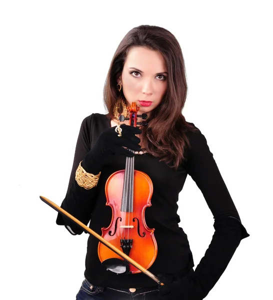 Chica de negro con un violín sobre un fondo blanco —  Fotos de Stock