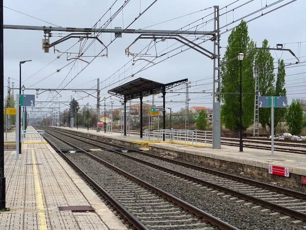 view of empty train station without passenger train traffic. Train tracks, platforms and power lines. facilities for the transport of passengers and goods by railways