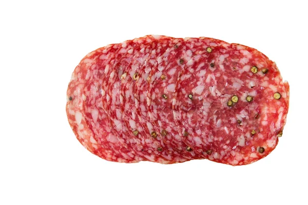 Salami Tranches Saucisses Fumées Isolées Sur Fond Blanc Vue Dessus — Photo