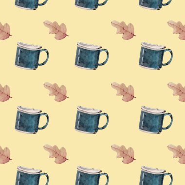 suluboya illüstrasyon düz desenli eski fincan, sıcak bir arka planda meşe yaprağı, duvar kağıdı veya kumaş için