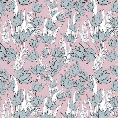 Duvar kağıdı ve kumaş için pembe zemin üzerinde klasik illüstrasyon mavi çiçekleri, pürüzsüz desen