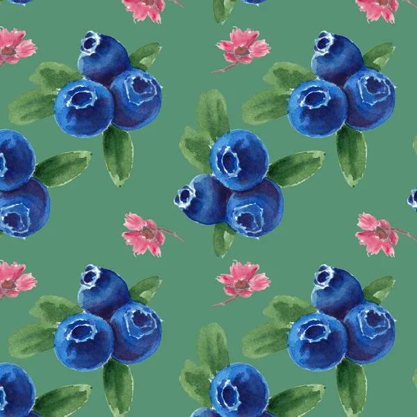 Akvarell Illustration Sömlös Mönster Blåbär Med Blad Små Rosa Blommor — Stockfoto