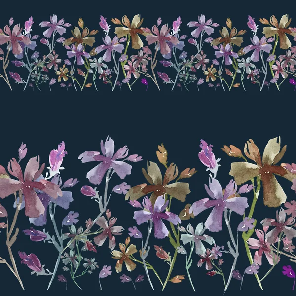 Watercolor Illustration Seamless Pattern Border Delicate Blue Green Small Flowers — Foto de Stock