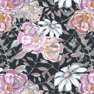 suluboya resimleme kusursuz desen güzel şakayık ve narin papatya çayı dalları arasında koyu bir arka planda yapraklarla