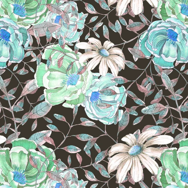 watercolor illustration seamless pattern beautiful peony and delicate chamomile among the branches with leaves on a dark background