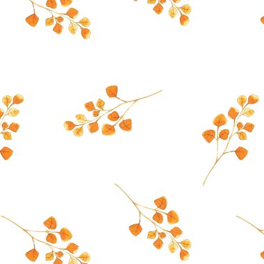 beyaz arkaplanda parlak turuncu yaprakları ile, dikişsiz desenli huş dalı suluboya illüstrasyon