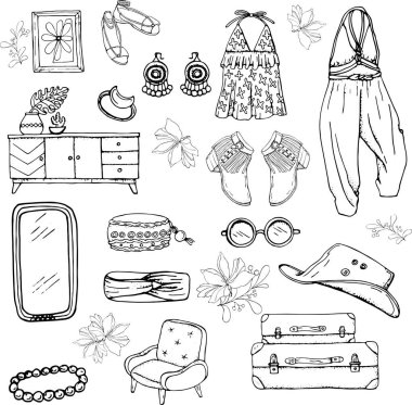 vektör çizimi, kadın eşyaları ve aksesuarları, etek, mayo, eşarp, havlular, ayna, koltuk, kaldırım taşı, çanta, çanta, bardak, krem, ruj, tırnak cilası, küpe, boyama kitabı.