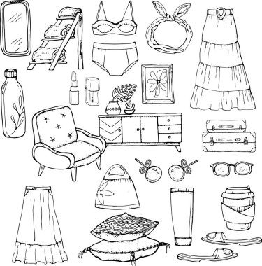 vektör çizimi, kadın eşyaları ve aksesuarları, etek, mayo, eşarp, havlular, ayna, koltuk, kaldırım taşı, çanta, çanta, bardak, krem, ruj, tırnak cilası, küpe, boyama kitabı.