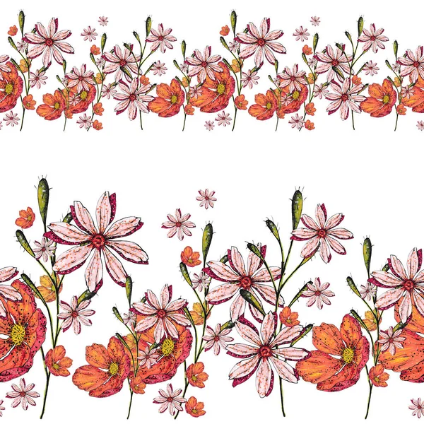Acuarela Ilustración Patrón Sin Costura Verano Alegre Borde Flores Silvestres — Foto de Stock